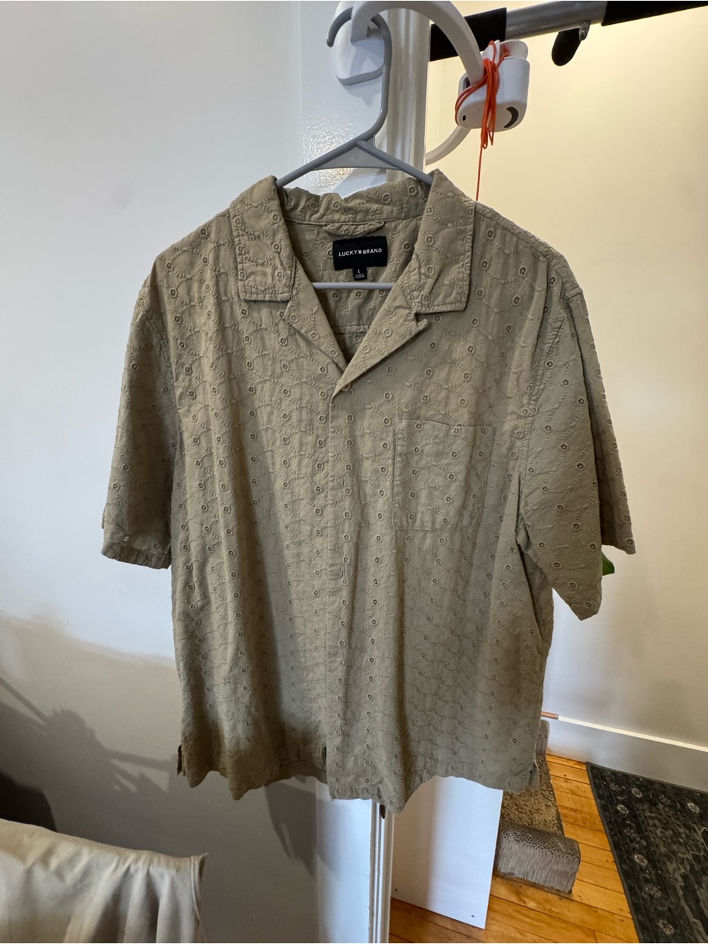 Lucky Brand Men's Short-Sleeve Eyelet Camp Shirt in Khaki